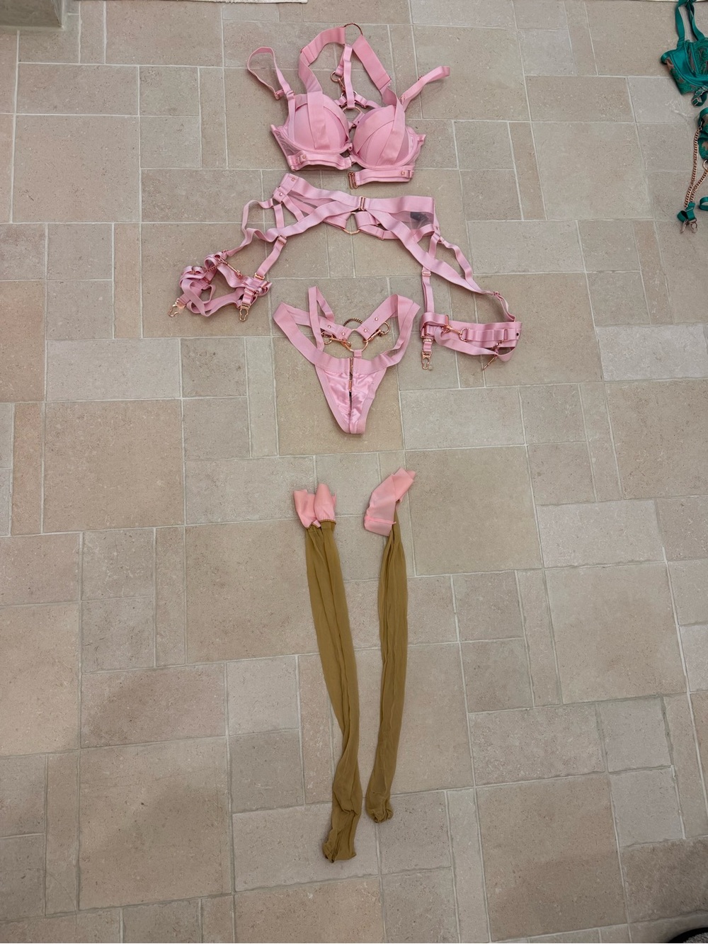 Honey Birdette Pink Strappy Harness Bra Set with Gold Accents